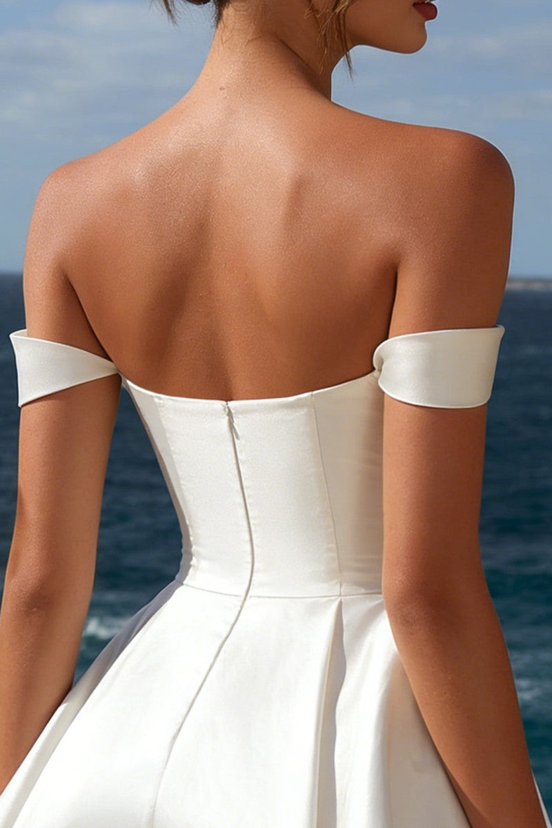 Load image into Gallery viewer, Ivory Off the Shoulder Satin A Line Short Graduation Dress