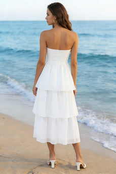 Ivory Strapless Tiered A Line Midi Wedding Reception Dress