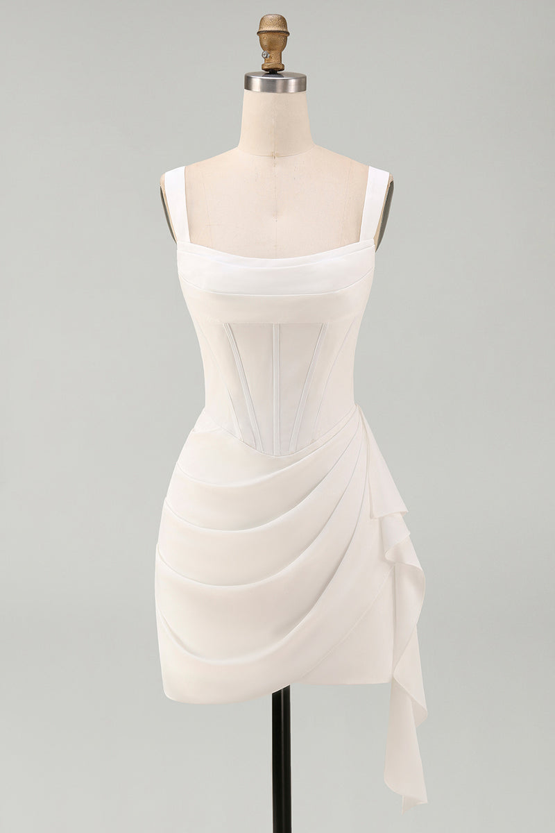 Load image into Gallery viewer, Ivory Thick Straps Corset Ruched Short Graduation Dress with Ruffles