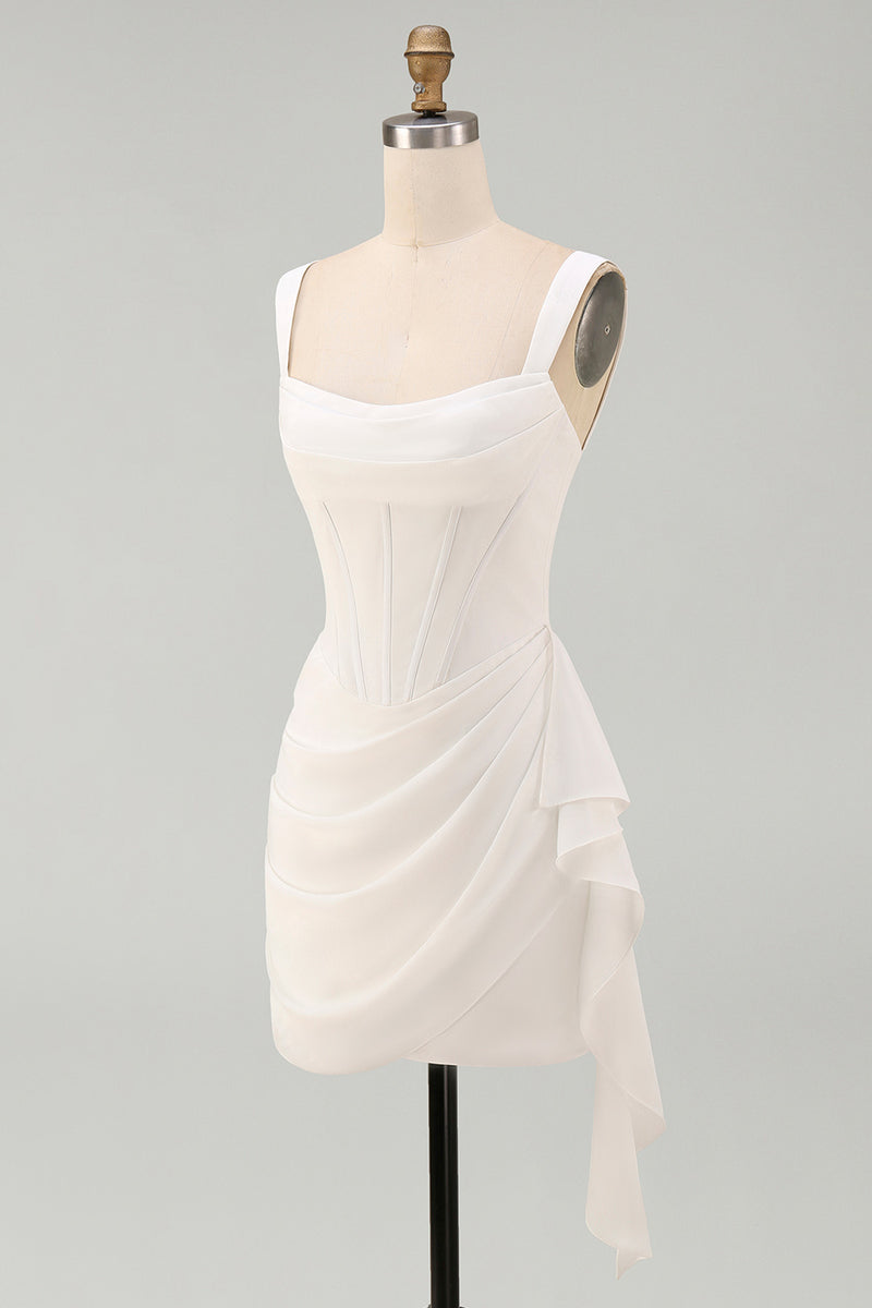 Load image into Gallery viewer, Ivory Thick Straps Corset Ruched Short Graduation Dress with Ruffles