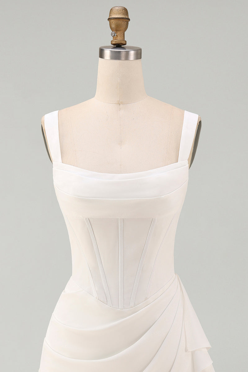 Load image into Gallery viewer, Ivory Thick Straps Corset Ruched Short Graduation Dress with Ruffles