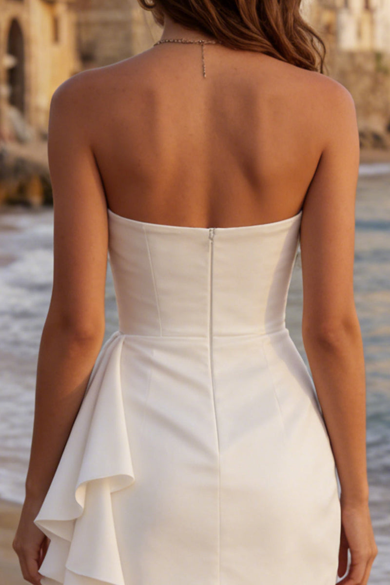 Load image into Gallery viewer, Ivory Ruched Bodycon Strapless Short Graduation Dress with Side Cape