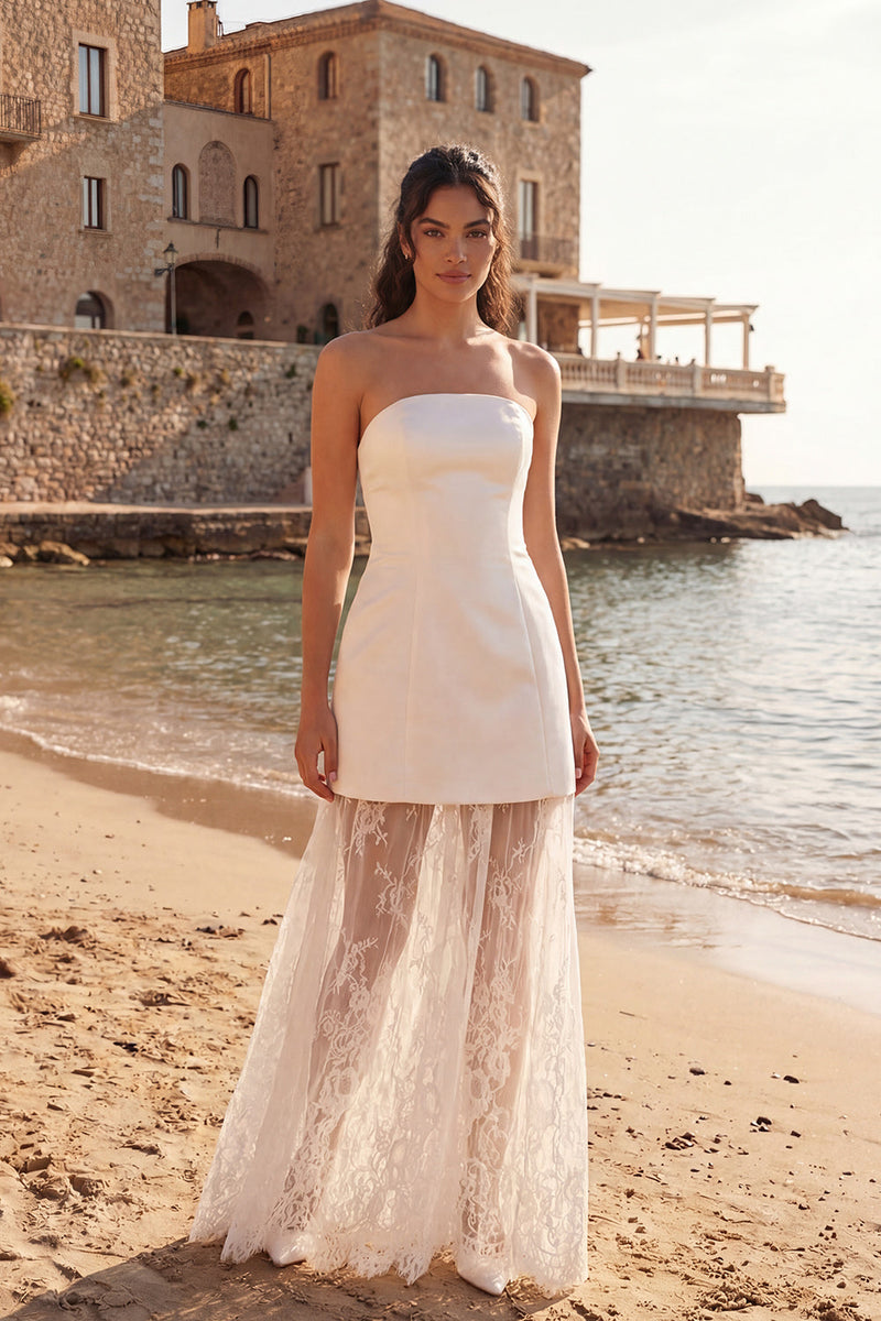 Load image into Gallery viewer, Ivory Sheath Strapless Long Wedding Reception Dress with Lace
