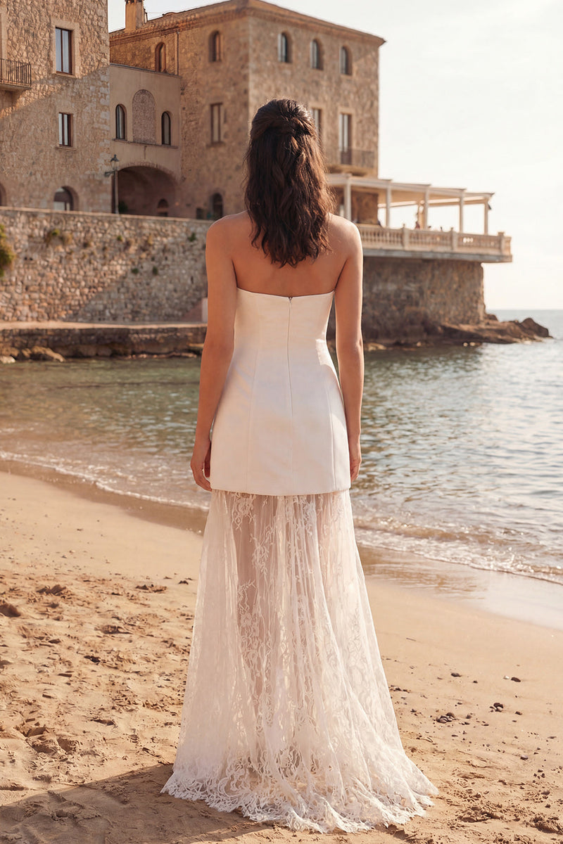 Load image into Gallery viewer, Ivory Sheath Strapless Long Wedding Reception Dress with Lace
