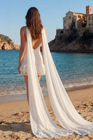 Load image into Gallery viewer, Ivory Neck Scarf Satin Spaghetti Straps Short Bridal Shower Dress