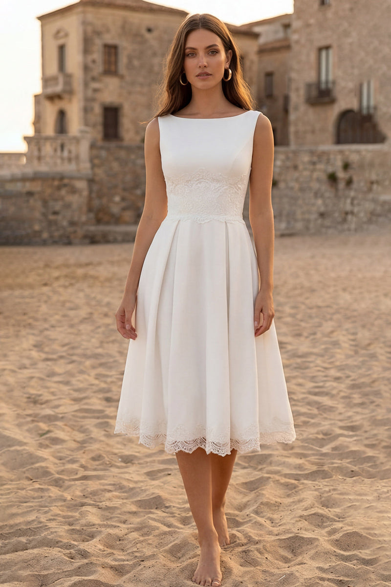 Load image into Gallery viewer, Boat Neck Ivory A Line Midi Bridal Shower Dress with Lace