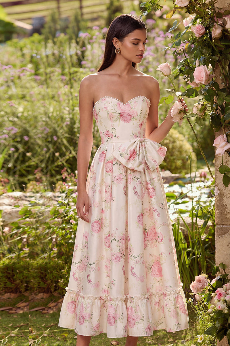 Load image into Gallery viewer, White Pink Flower A Line Sweetheart Maxi Prom Dress with Pearls
