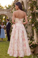Load image into Gallery viewer, White Pink Flower A Line Sweetheart Maxi Prom Dress with Pearls