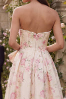 Load image into Gallery viewer, White Pink Flower A Line Sweetheart Maxi Prom Dress with Pearls