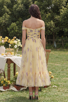 Off the Shoulder Yellow Flower A Line Maxi Prom Dress
