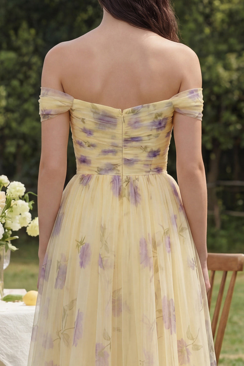 Load image into Gallery viewer, Off the Shoulder Yellow Flower A Line Maxi Prom Dress