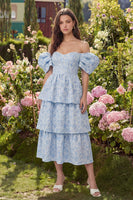 Load image into Gallery viewer, Corset Blue Floral A Line Off the Shoulder Maxi Prom Dress with Ruffles