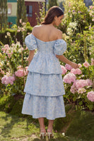 Load image into Gallery viewer, Corset Blue Floral A Line Off the Shoulder Maxi Prom Dress with Ruffles
