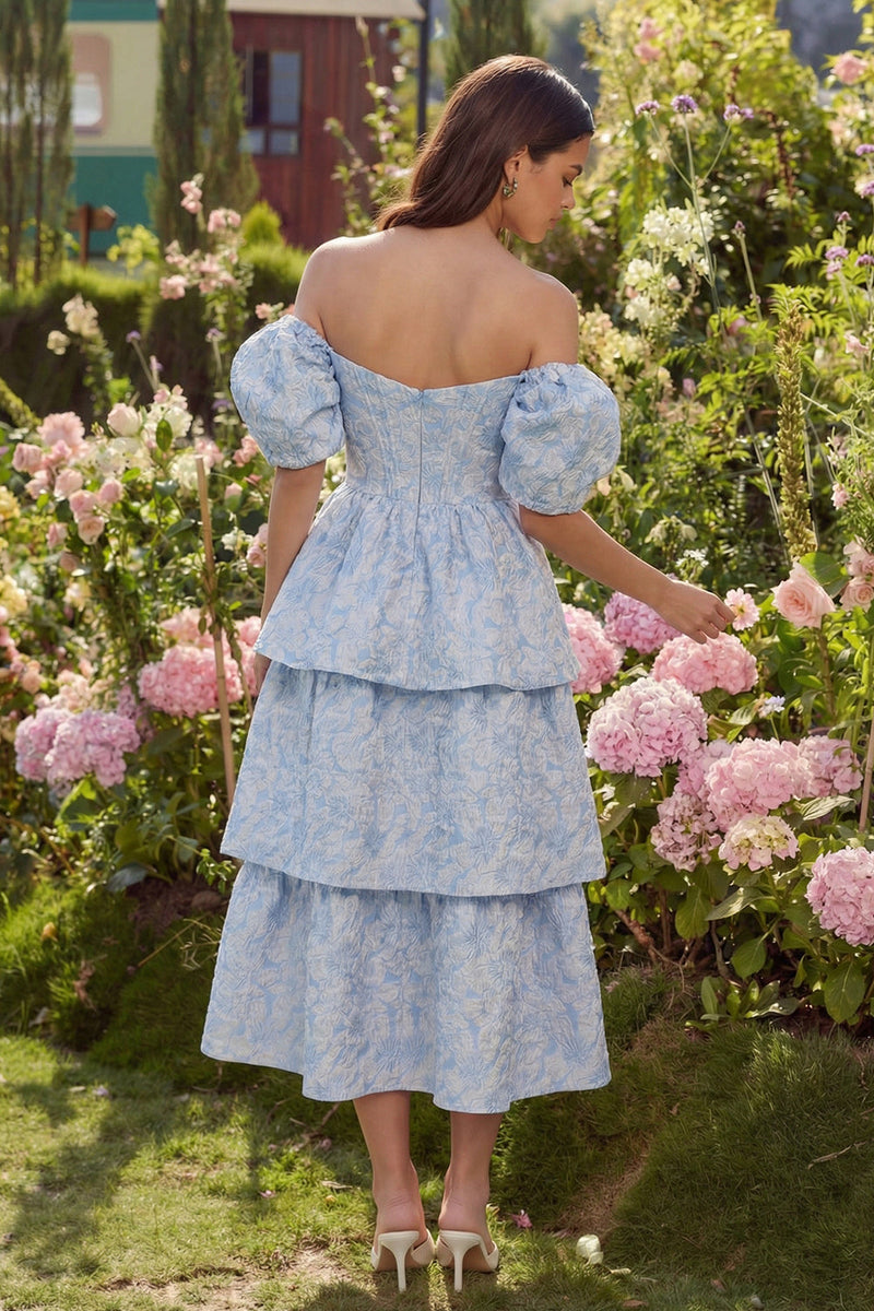 Load image into Gallery viewer, Corset Blue Floral A Line Off the Shoulder Maxi Prom Dress with Ruffles