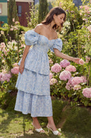 Load image into Gallery viewer, Corset Blue Floral A Line Off the Shoulder Maxi Prom Dress with Ruffles