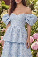 Load image into Gallery viewer, Corset Blue Floral A Line Off the Shoulder Maxi Prom Dress with Ruffles