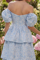 Load image into Gallery viewer, Corset Blue Floral A Line Off the Shoulder Maxi Prom Dress with Ruffles