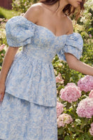 Load image into Gallery viewer, Corset Blue Floral A Line Off the Shoulder Maxi Prom Dress with Ruffles