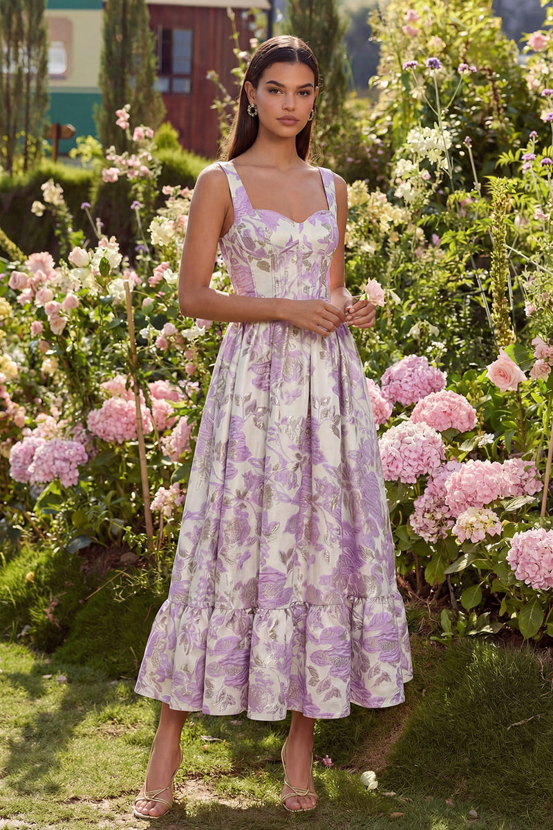 Load image into Gallery viewer, Purple Jacquard Floral Corset A Line Maxi Prom Dress