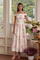 Load image into Gallery viewer, White Pink Flower Corset A Line Off the Shoulder Maxi Prom Dress