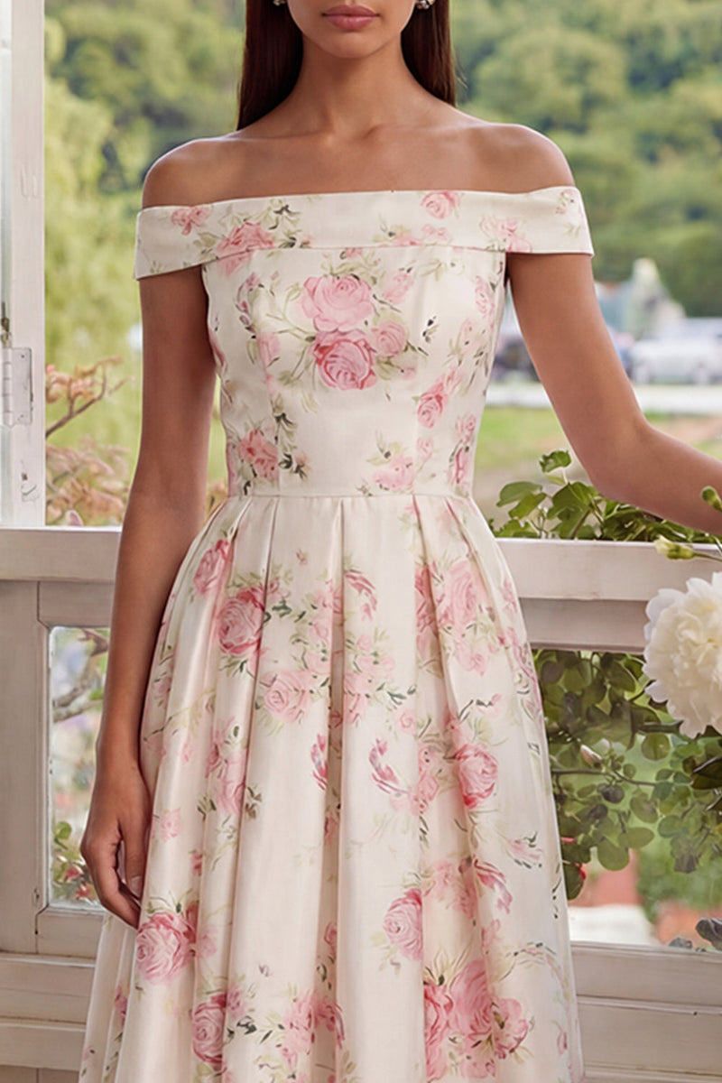 Load image into Gallery viewer, White Pink Flower Corset A Line Off the Shoulder Maxi Prom Dress