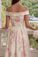 Load image into Gallery viewer, White Pink Flower Corset A Line Off the Shoulder Maxi Prom Dress
