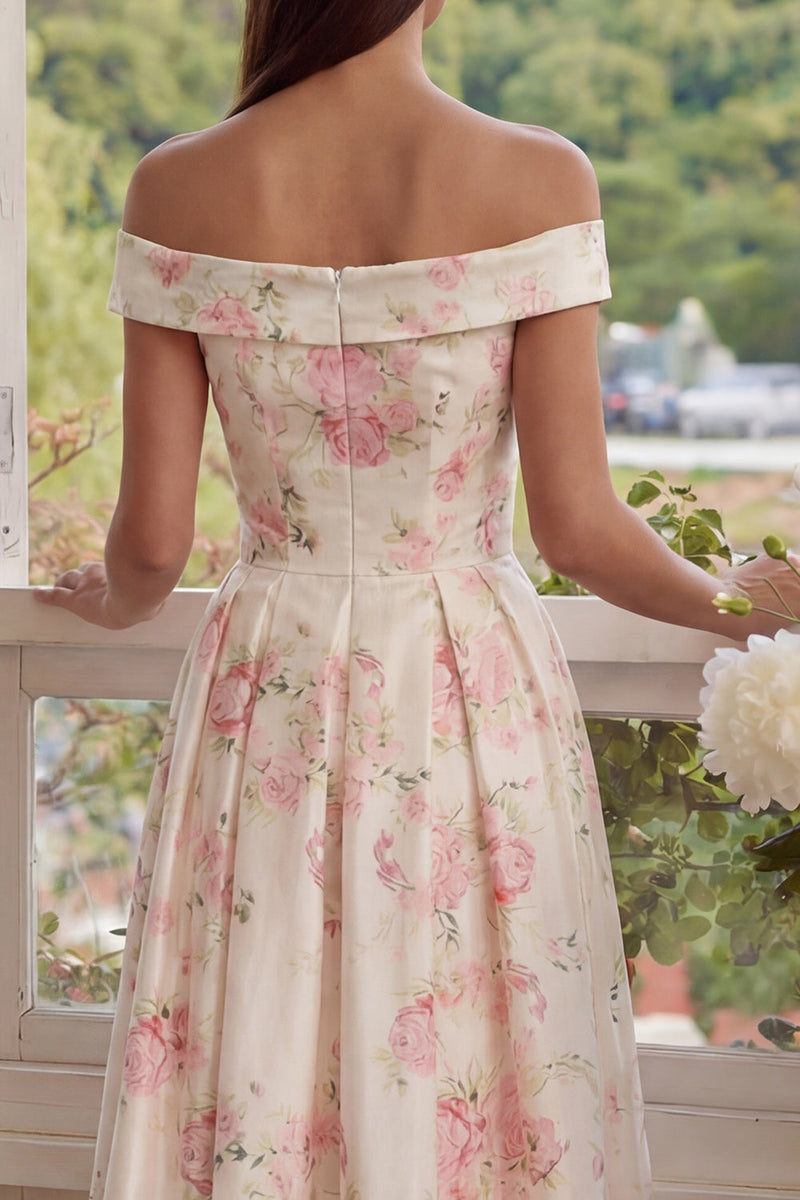 Load image into Gallery viewer, White Pink Flower Corset A Line Off the Shoulder Maxi Prom Dress