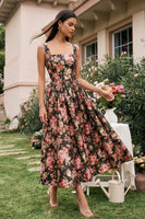 Load image into Gallery viewer, Black Pink Flower Square Neck A Line Maxi Prom Dress