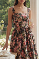 Load image into Gallery viewer, Black Pink Flower Square Neck A Line Maxi Prom Dress