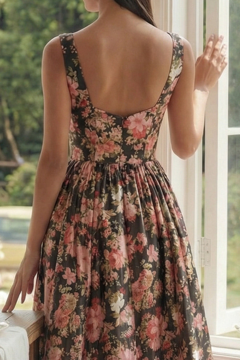 Load image into Gallery viewer, Black Pink Flower Square Neck A Line Maxi Prom Dress