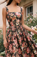 Load image into Gallery viewer, Black Pink Flower Square Neck A Line Maxi Prom Dress