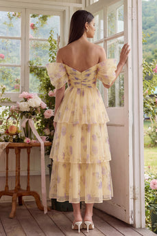 Yellow Flower A Line Maxi Tiered Prom Dress with Ruffles
