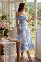 Load image into Gallery viewer, White Blue Flower Tulle Corset A Line Maxi Prom Dress