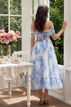 White Blue Flower Tulle Corset A Line Maxi Prom Dress