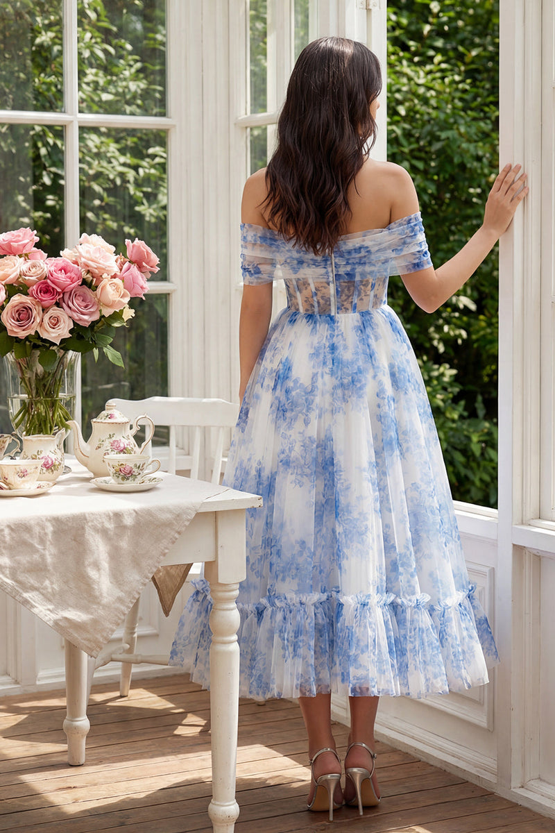 Load image into Gallery viewer, White Blue Flower Tulle Corset A Line Maxi Prom Dress