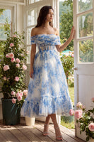 Load image into Gallery viewer, White Blue Flower Tulle Corset A Line Maxi Prom Dress