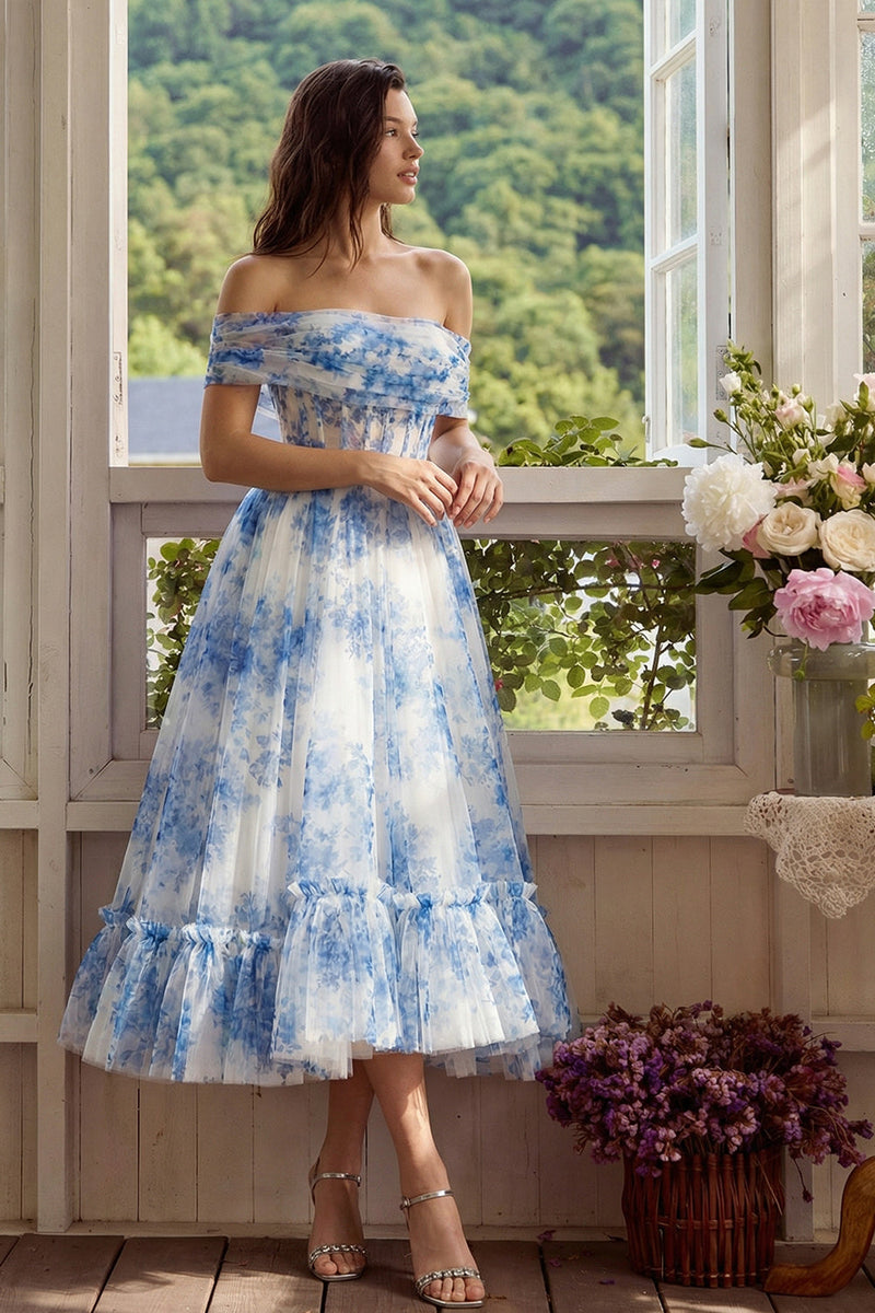Load image into Gallery viewer, White Blue Flower Tulle Corset A Line Maxi Prom Dress