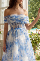 Load image into Gallery viewer, White Blue Flower Tulle Corset A Line Maxi Prom Dress