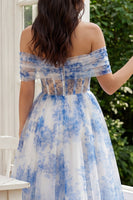 Load image into Gallery viewer, White Blue Flower Tulle Corset A Line Maxi Prom Dress