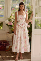 Load image into Gallery viewer, White Pink Square Neck A Line Flower Maxi Prom Dress with Bow