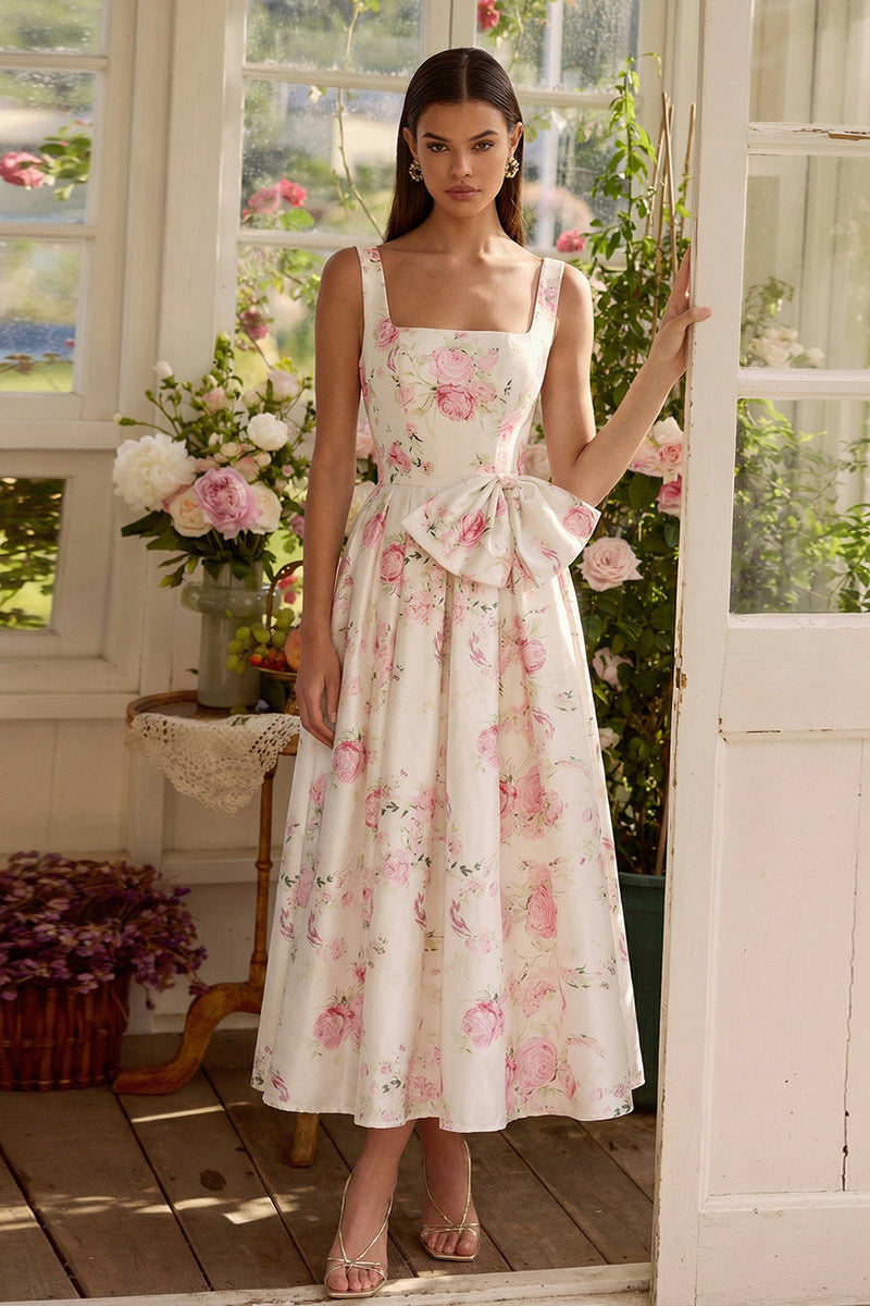 Load image into Gallery viewer, White Pink Square Neck A Line Flower Maxi Prom Dress with Bow