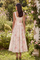 Load image into Gallery viewer, White Pink Square Neck A Line Flower Maxi Prom Dress with Bow