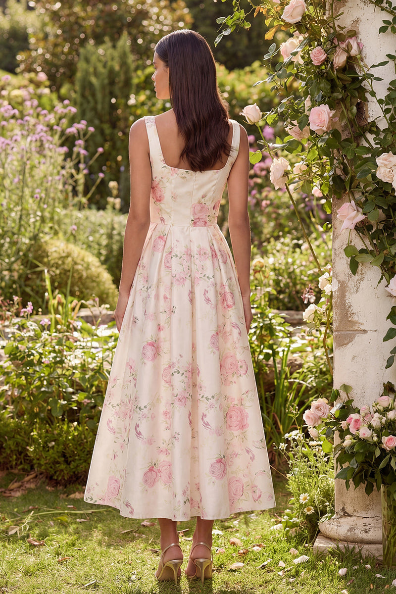 Load image into Gallery viewer, White Pink Square Neck A Line Flower Maxi Prom Dress with Bow