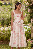 Load image into Gallery viewer, White Pink Square Neck A Line Flower Maxi Prom Dress with Bow