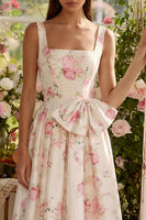 Load image into Gallery viewer, White Pink Square Neck A Line Flower Maxi Prom Dress with Bow