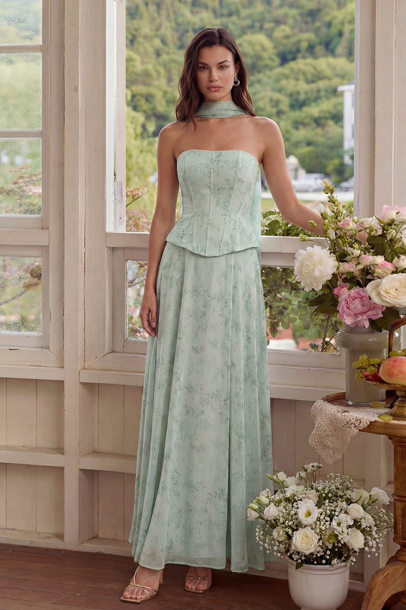 Load image into Gallery viewer, Corset Dusty Sage Neck Scarf Floral A Line Basque Waist Long Prom Dress