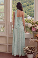 Load image into Gallery viewer, Corset Dusty Sage Neck Scarf Floral A Line Basque Waist Long Prom Dress