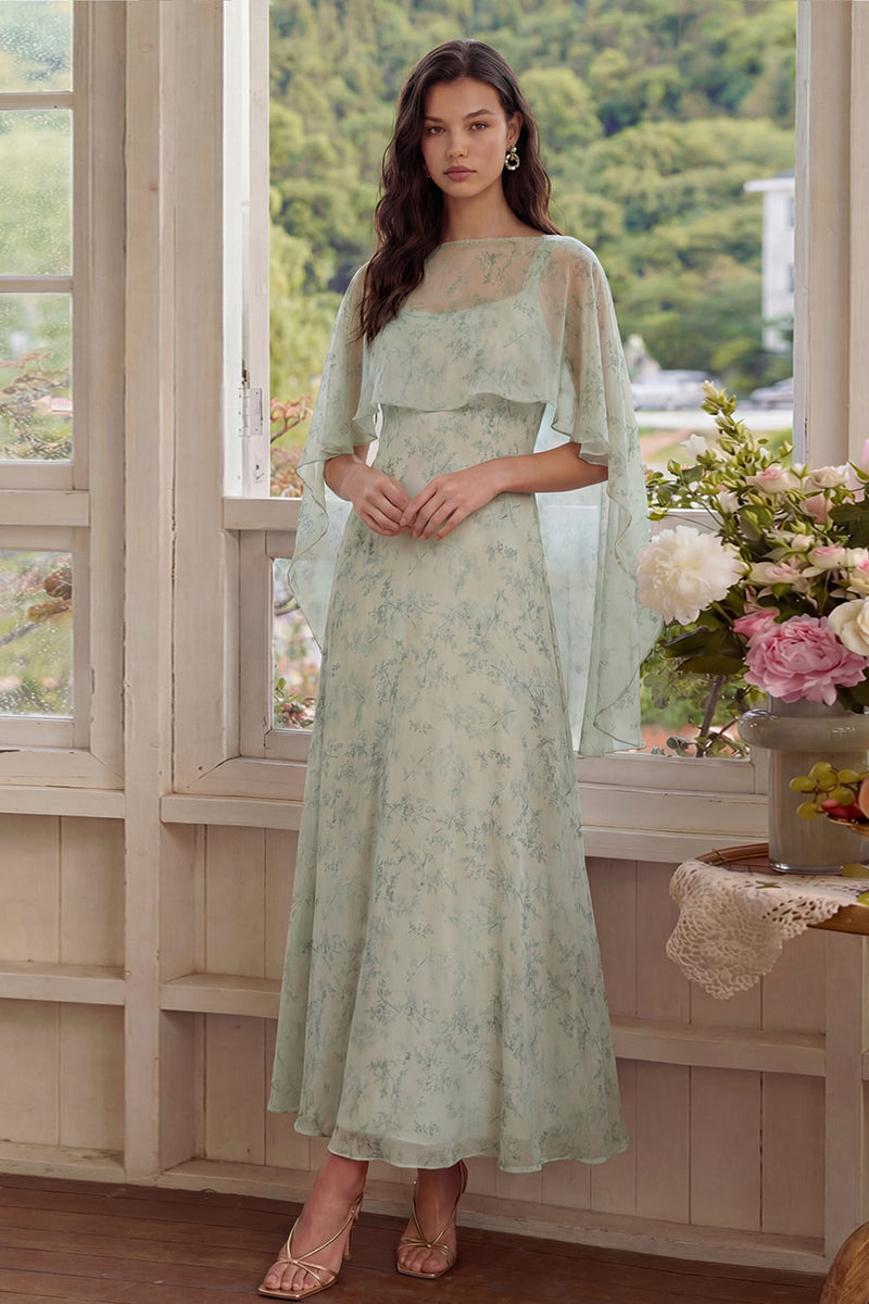 Load image into Gallery viewer, Floral Dusty Sage Maxi A Line Prom Dress with Cape