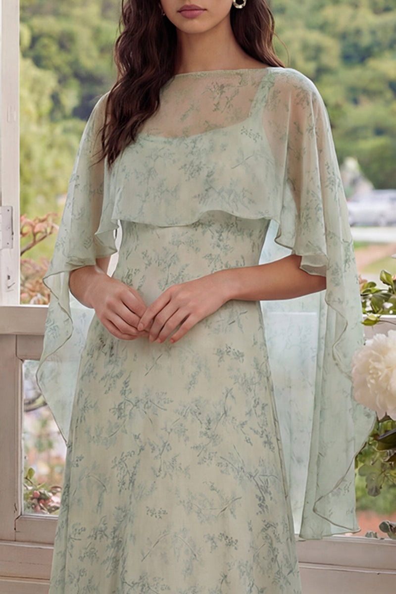 Load image into Gallery viewer, Floral Dusty Sage Maxi A Line Prom Dress with Cape