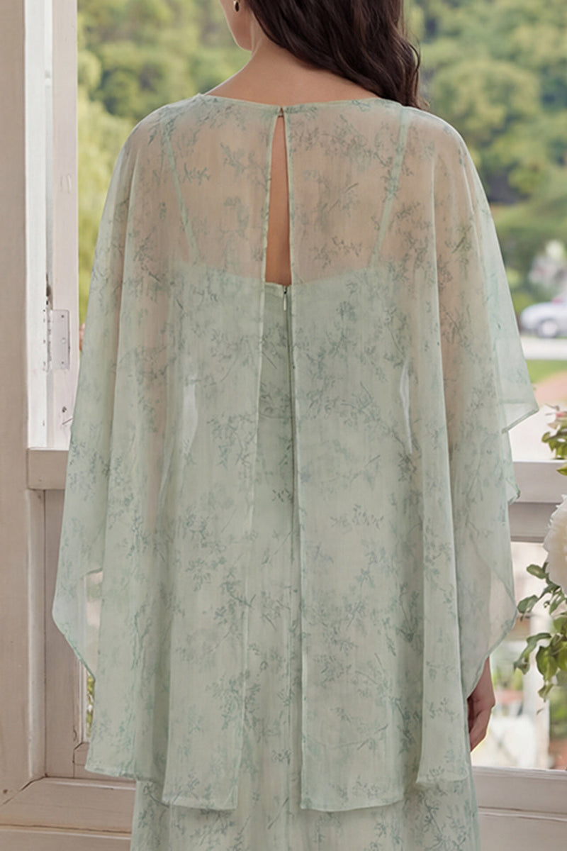 Load image into Gallery viewer, Floral Dusty Sage Maxi A Line Prom Dress with Cape